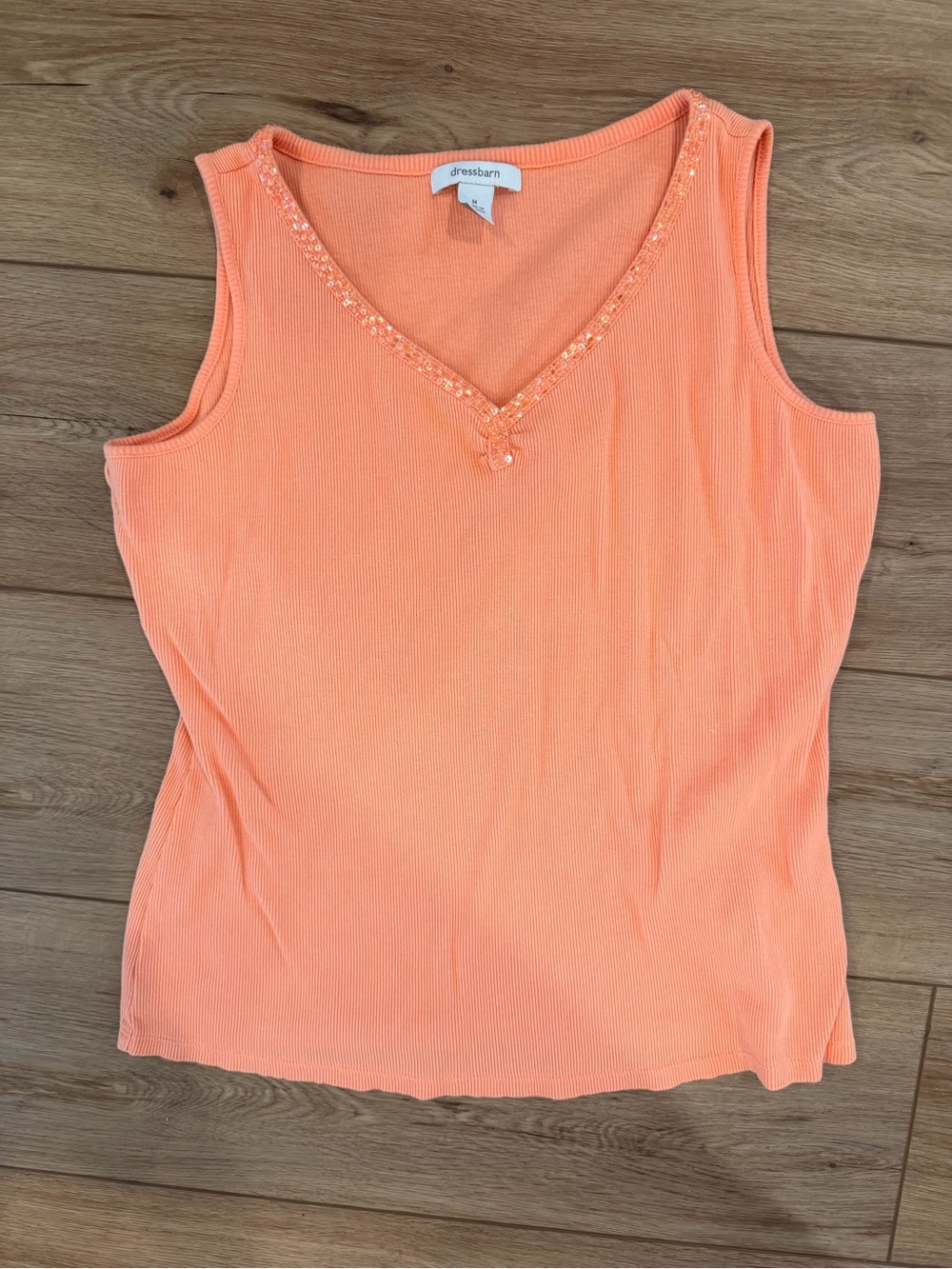 dressbarn Peach V-Neck Sequin Trim Tank